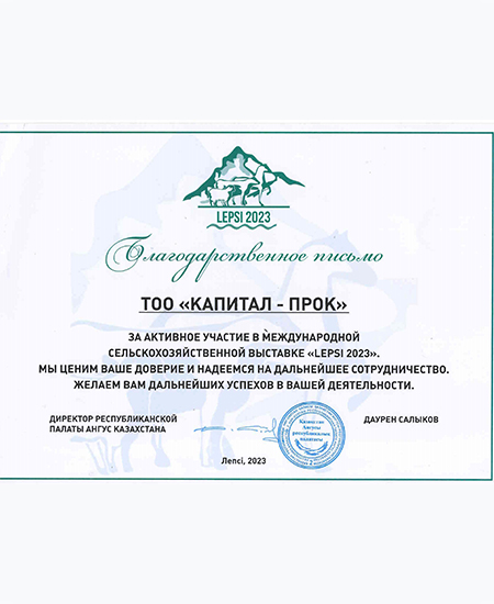 Благодарственное письмо Выставка Lepsi, Казахстан 2023г