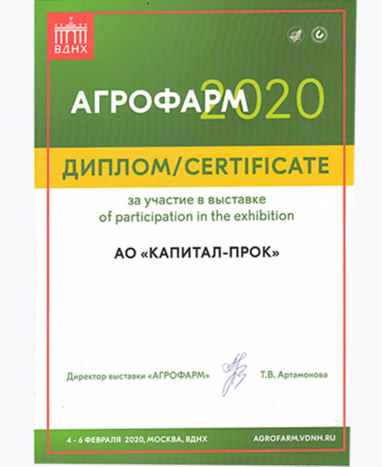 Диплом за участие в выставке АО "Капитал-ПРОК"